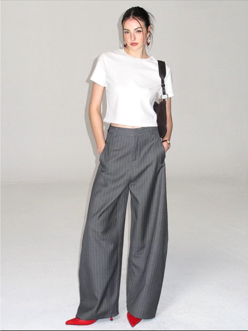 Wide-Leg Pinstripe Barrel Trousers in Charcoal Gray